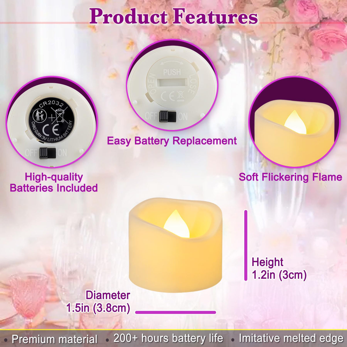 Yakpo 24 Pack 1.5" x 1.2" Battery Operated LED Tea Light Candles, Small Outdoor Flameless Flickering Votive Candles, Electric Flicker Fake Tealights Bulk for Wedding Halloween Christmas Decorations