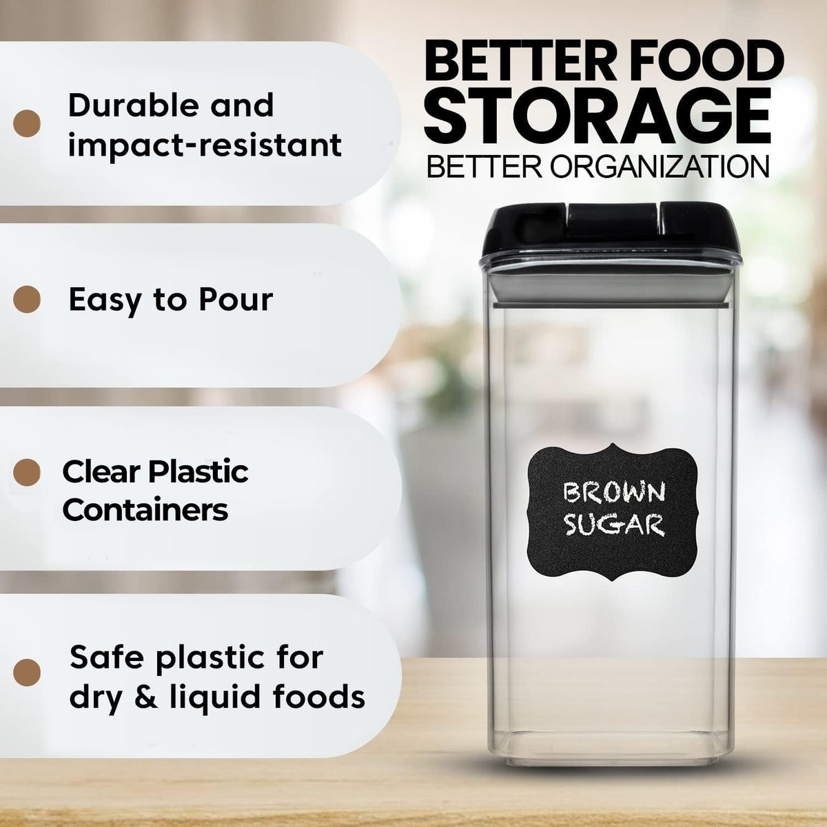Shazo Airtight Food Storage Containers with Lids - 6 PC BPA Free Clear Plastic Cereal Containers with Easy Lock Lids for Kitchen and Pantry Organization for Snacks and Pasta - 1.2L