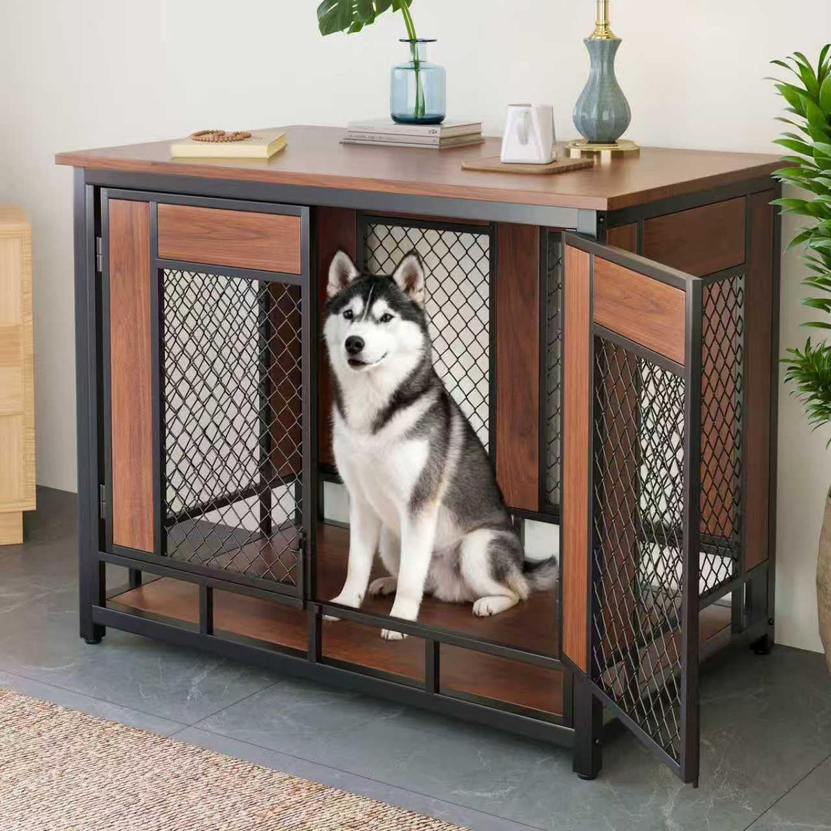 Dog Crate Furniture, 41'' Wooden Dog Kennel Furniture Indoor with Double Doors, Decorative Dog Cage End Table for Medium Large Dogs,Modern Dog Crate with Multi-Purpose Removable Tray,Rustic Brown