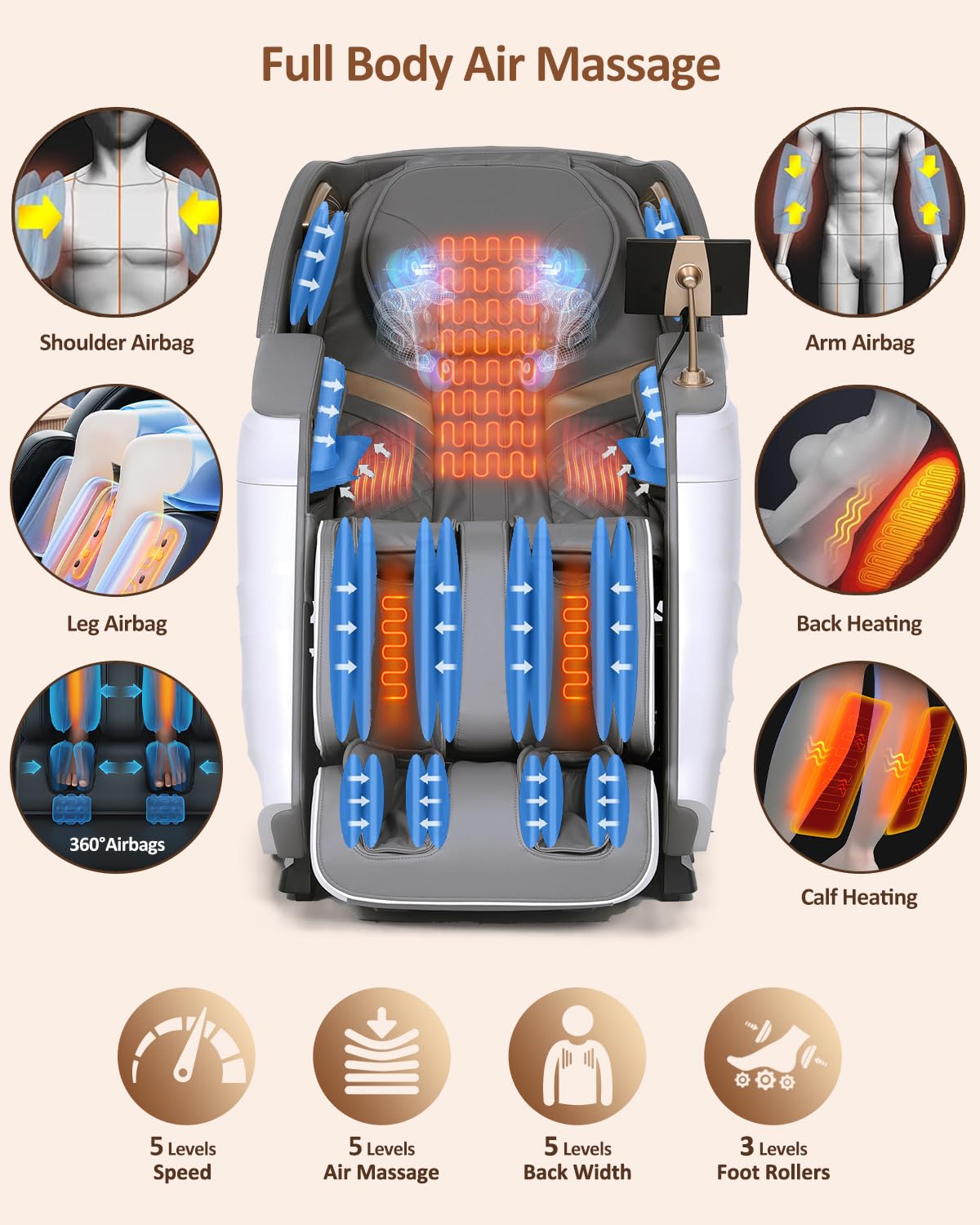 RELX Massage Chair Full Body, 20 Modes Zero Gravity SL-Track Shiatsu Massage Chair Built-in Heat System, Airbag Massage with Body Scan, Deep Yoga Stretch, Calfrest Extension and AI Control(White)