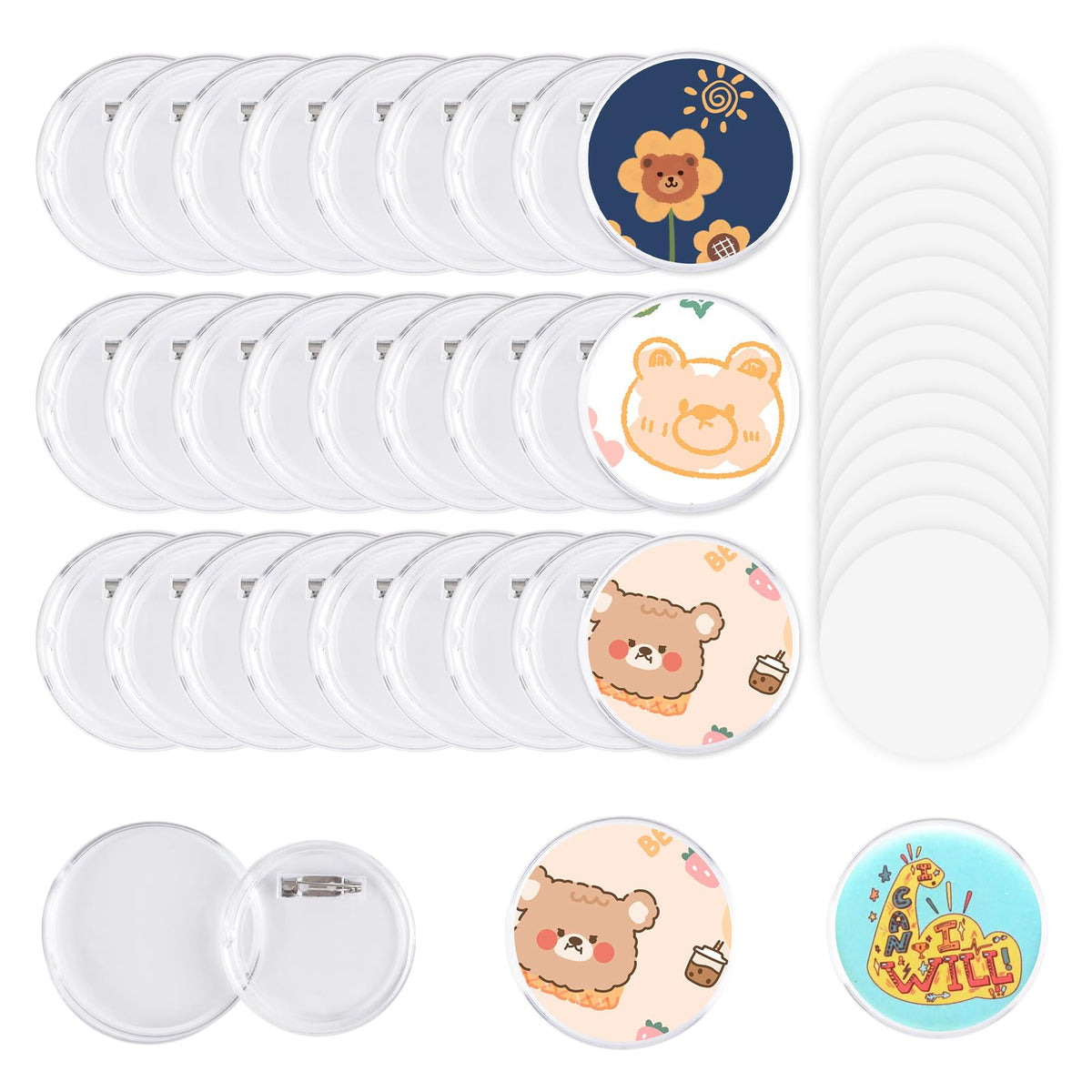 MK.Bear 50 Pack Acrylic Button Pins Badge, 55mm/2.17 Inch Clear Pins Buttons Kit, DIY Badges Acrylic Pin Buttons with Blank Round Paper