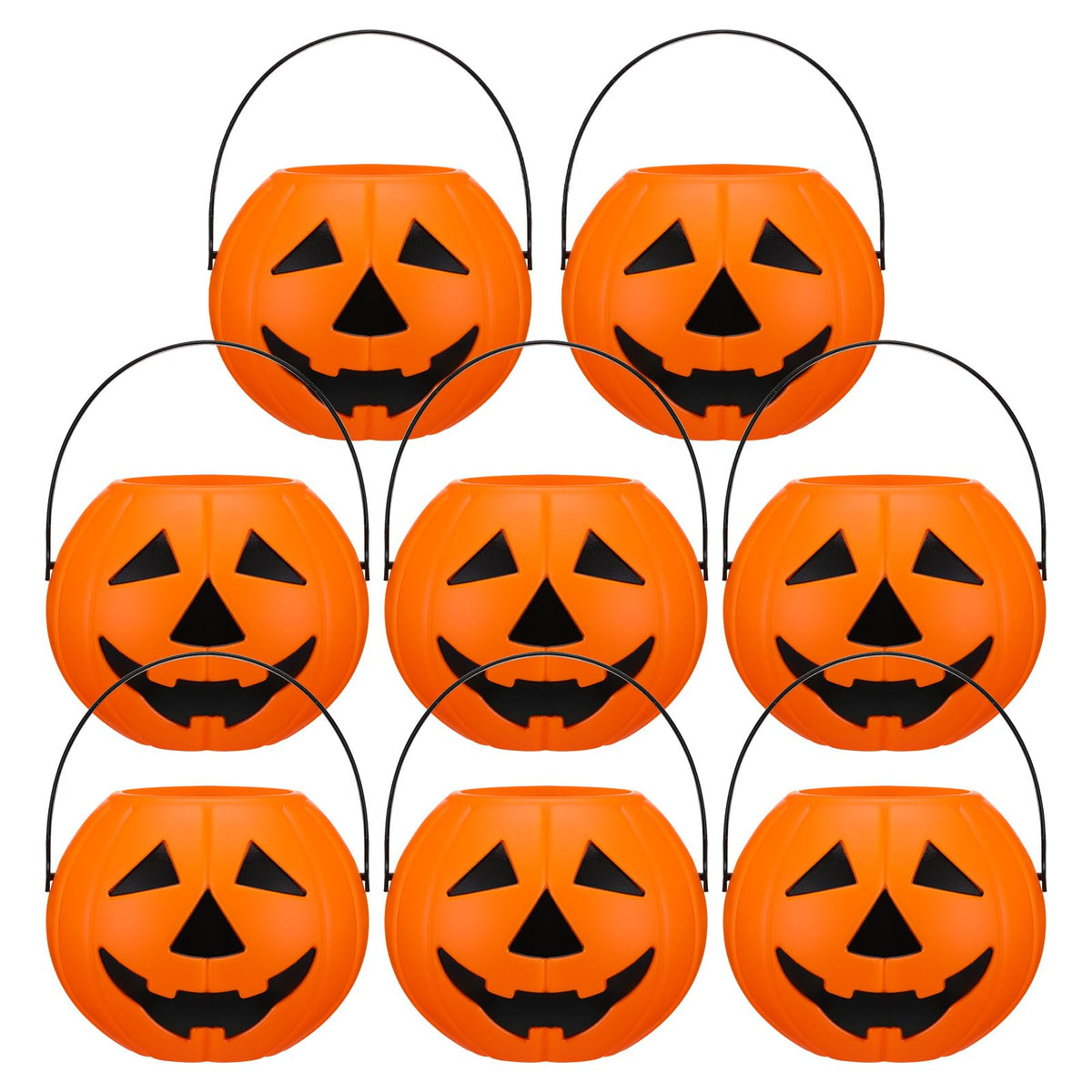 Beeveer 8 Pcs Plastic Pumpkin Buckets Trick or Treat Halloween Candy Baskets with Handle 6.7 x 5.1 Inches Plastic Pumpkin Large Candy Basket for Halloween Trick or Treat Party Supplies (Funny)
