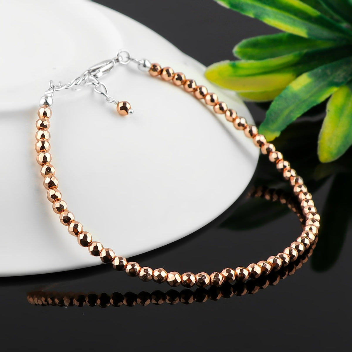 CRYSTALINES Genuine Rose Gold Hametite Gemstone Bracelet, Faceted Beads Stones, Hypoallergenic Handmade Boho Jewelry for Women, Healing Crystals, Adjustable Silver Chain 7+1inch, Birthday Gift