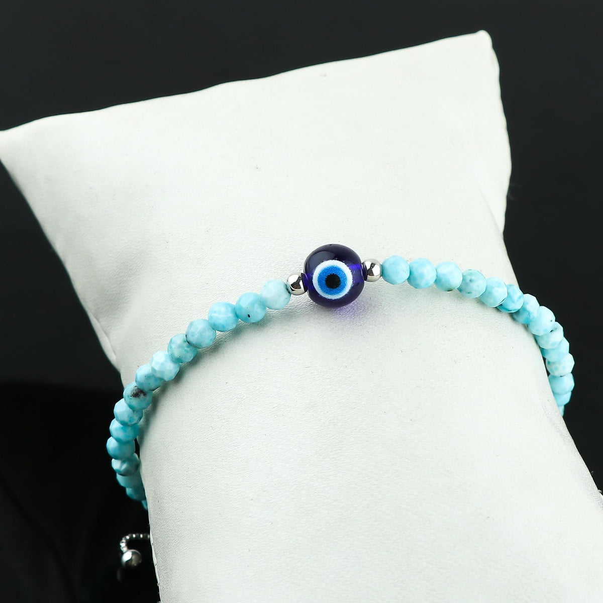 CRYSTALIS Natural Sea Larimar, Pectolite, Evil Eye, Pearl Beads Slider Bracelet for Relationship Protection, Chakra Healing Gemstone, Women Jewelry with 925 Sterling Silver Slider 10 inch
