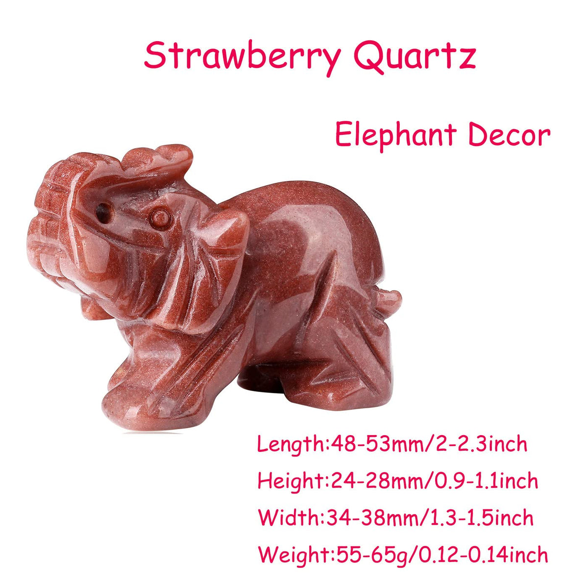 2" Strawberry Quartz Elephant Decor Cute Polished Natural Stone Hand Carved Pink Healing Crystal Sculpture Statue Figurines Gemstone Hippie Home Room Office Desk Decoration Gifts for Women Men