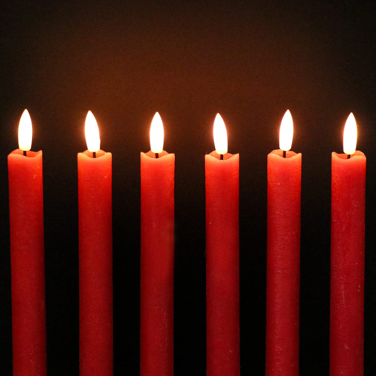 GenSwin Flameless Red Taper Candles Flickering with 10-Key Remote, Battery Operated Led Warm 3D Wick Light Window Candles Real Wax Pack of 6, Christmas Home Wedding Decor(0.78 X 9.64 Inch)