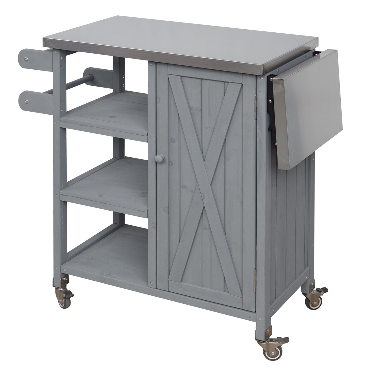 Foldable Outdoor Kitchen Island Cart with Stainless Steel Top, Rolling Grill Table with Storage Cabinet Shelves and Double Towel Rack, Wooden BBQ Prep Station with Lockable Wheels for Patio, Grey