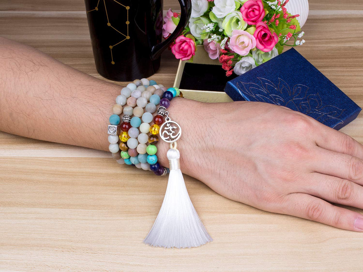 PWMENLK 108 Mala Beads Necklace 7 Chakra Buddhist Prayer Beaded Bracelet Tree of Life Pendant Stone Yoga Necklace(tassel amazonite)