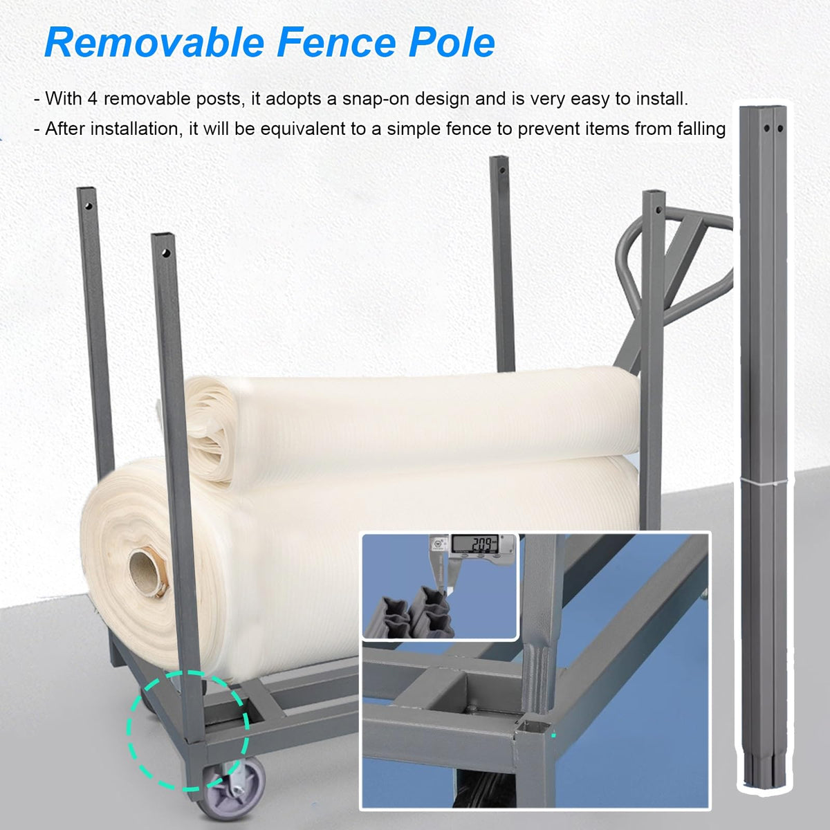 Heavy Duty Folding Platform Trolley, Removable Armrest and Fence Pole, Commercial Cloth Pulling Cart for Warehouse and Workshop, Easy Installation