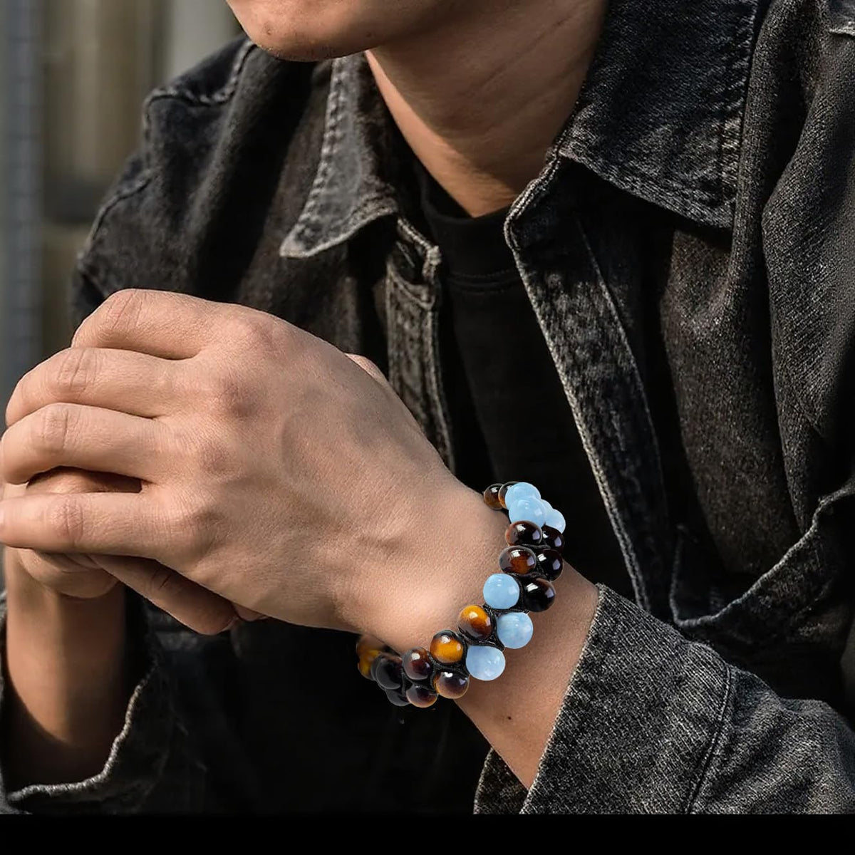 GLITZ AURA Handmade Triple Protection Bracelet - Easter Basket Stuffers for Teens, 8mm Natural Tiger's Eye & Aquamarine Bead Bracelet, Father Day Jewelry for Men, Adjustable Healing Crystal Gifts (Aquamarine)