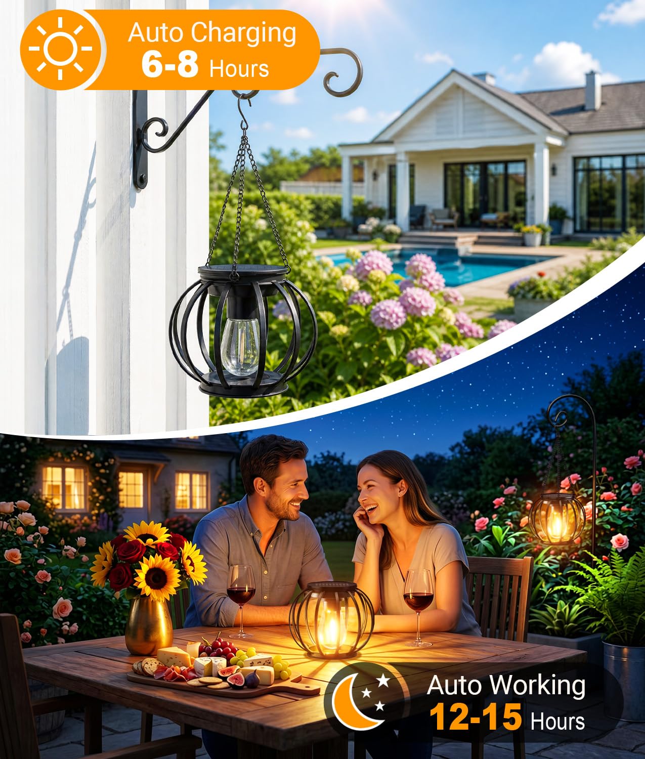 KOOPER Solar Lanterns Outdoor Waterproof, Upgraded Metal Hanging Solar Lights Outdoor Lanterns, Brighter Auto On/Off Outdoor Hanging Lantern for Yard Patio Pathway Porch Garden Decor 2 Pack