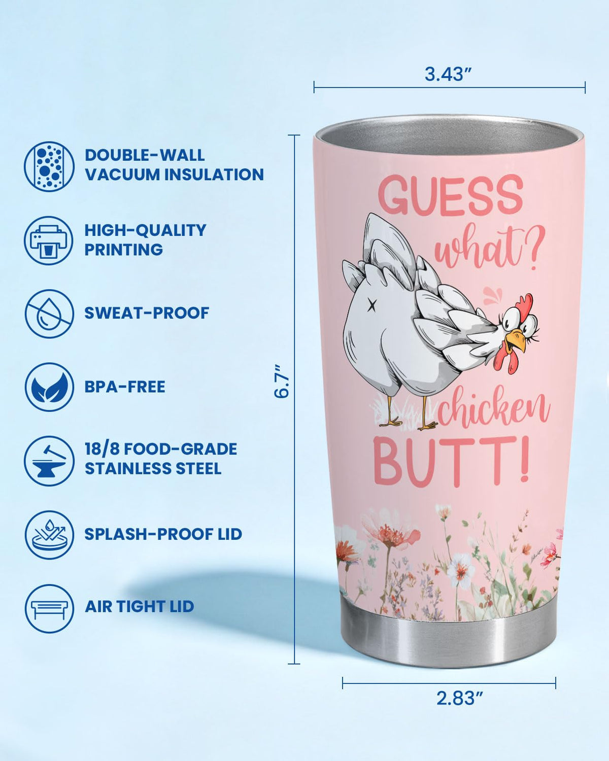34HD Funny Chicken Tumbler 20oz with Lid, Guess What Butt Insulated Stainless Steel Coffee Travel Mug, Cute Nuggets Farmhouse Hen Gifts for Women, Rooster Lovers