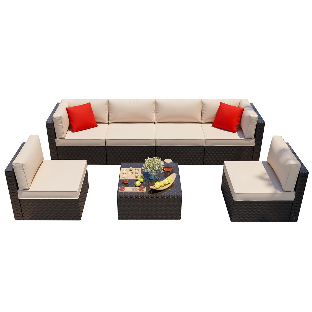Shintenchi 7 Pieces Patio Furniture Sets Outdoor All-Weather Sectional Patio Sofa Set PE Rattan Manual Weaving Wicker Patio Conversation Set with Glass Table&Ottoman Cushion and Red Pillows, Beige