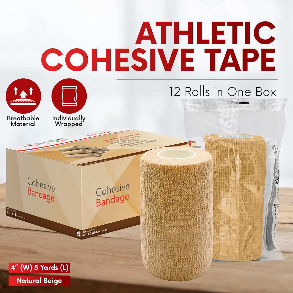 HEALQU Self Adhesive Bandage Wrap – 4" x 5 Yard, 12 Rolls Cohesive Tape for Athletic & Sports - Self Adherent Medical Tape, Flexible, Waterproof Elastic Bandages for Wrist & Ankle Vet Wrap for Dogs