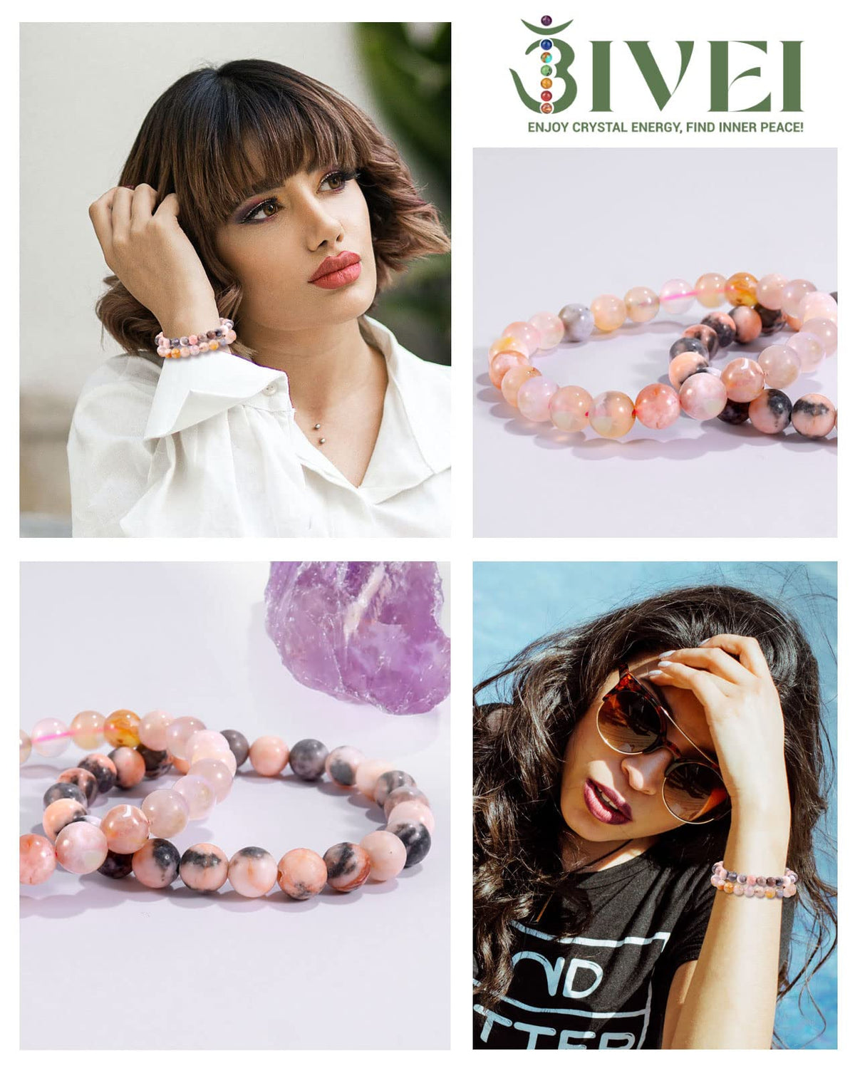 Bivei Natural Gemstone Semi Precious Crystals Handmade Stretchy Round Beads Bracelet, Enhance Positive Energy,Stocking Stuffers for Women(Pink Jasper & Sakura Agate (Positive Energy& Love) Large)