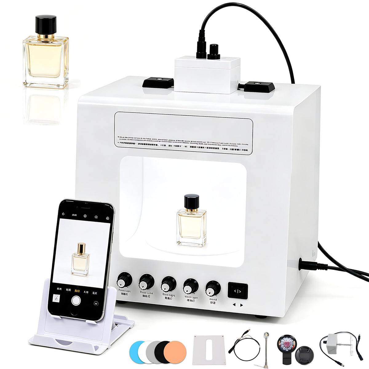 QIUNAOZI Professional Jewelry Photography Light Box Kit. Jewelry Photo Light Box, 4pcs Fill Lights, with 360° Electric Rotating Feature, Support Jewelry Hanging or Placing White-TB30