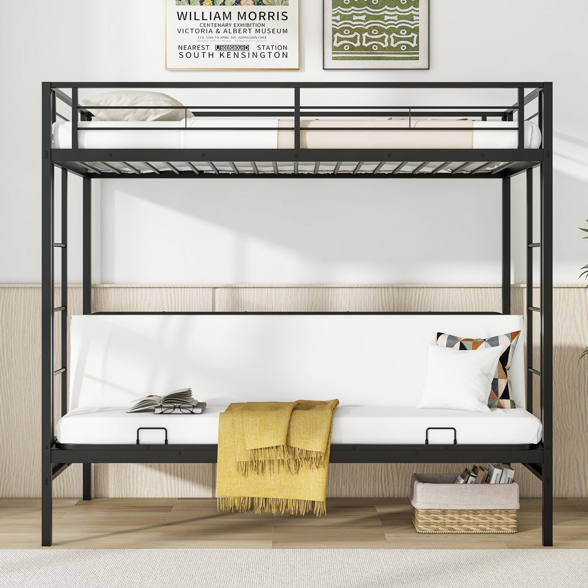 Giantex Twin Over Twin Futon Bunk Bed, Convertible Metal Bunk Bed with Futon Frame, 2 Ladders & Safety Guardrails, Heavy Duty Sofa Couch Beds with Under-Bed Space, for Kids, Teens, Adults, Black