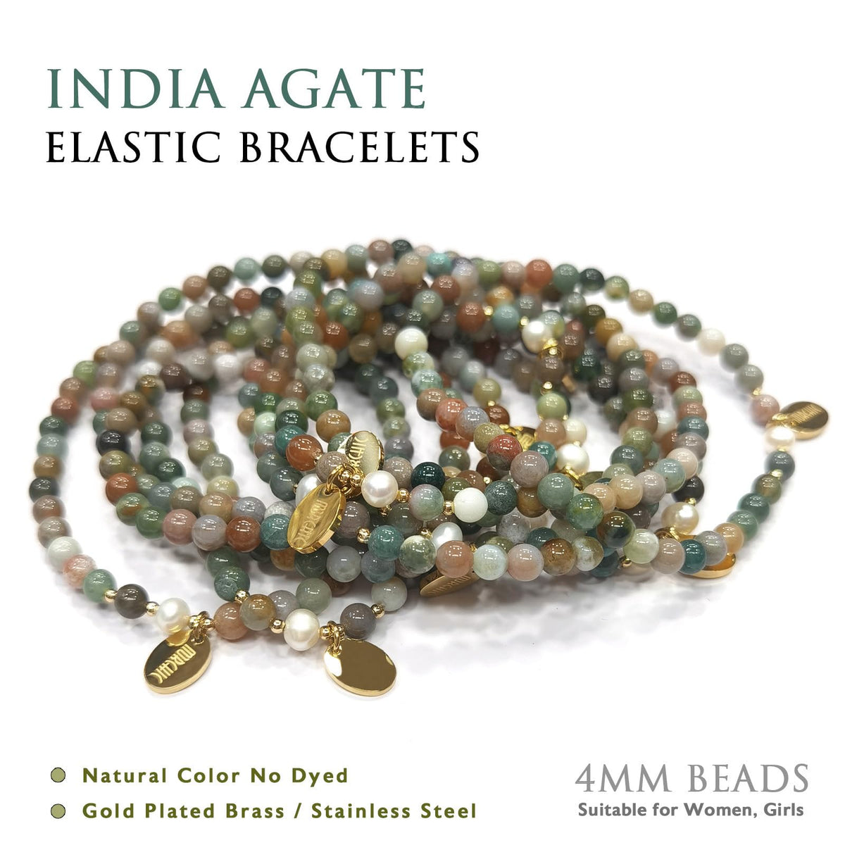 Morchic 4mm Natural India Agate Gemstone Beads Stretch Bracelet for Women, With Freshwater Pearls, Energy Gem Birthday Gift for Her 7.2”
