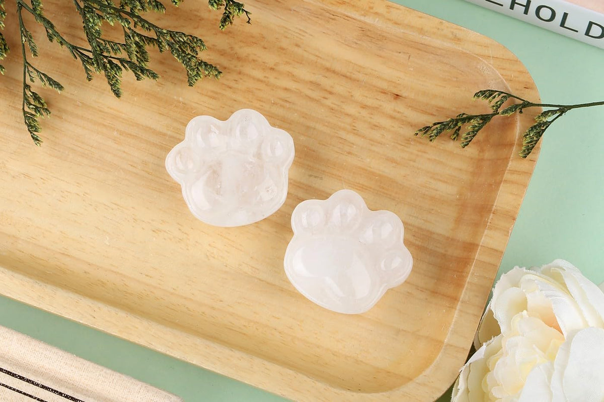 NUKAYAI Clear Quartz Cat Paw Crystal Statue Worry Stone for Anxiety Carved Figurines for Sculpture Handcrafted Decor Natural Gemstones Healing Crystals Spiritual Mini Gifts for Cat Lovers Women