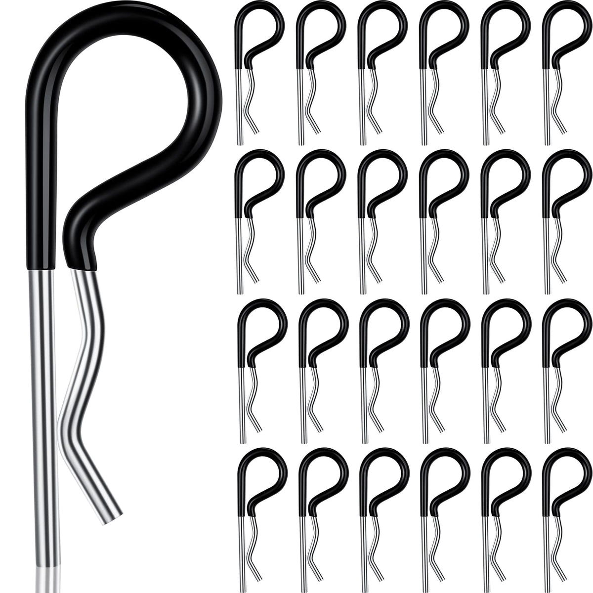 Ferraycle 25 Pcs Hitch Pin Clip Cotter Pin R Clips Trailer Cotter Hairpin Zinc Plated Spring Steel Hairpin with Vinyl Coated Grip 0.15 Inch Diameter and 3.35 Inches Long (Silver, Black)