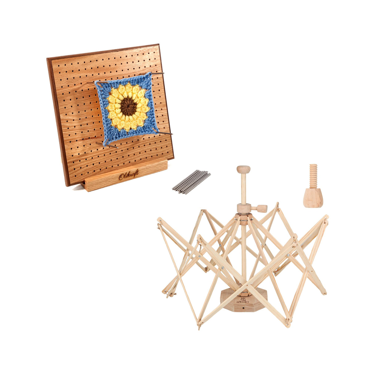 Olikraft Crochet Blocking Board with 50 Pins and Wooden Yarn Swift – Premium Red Oak Blocking Board for Crochet Projects (8 inches) Yarn Swift for Tangle-Free Yarn Management