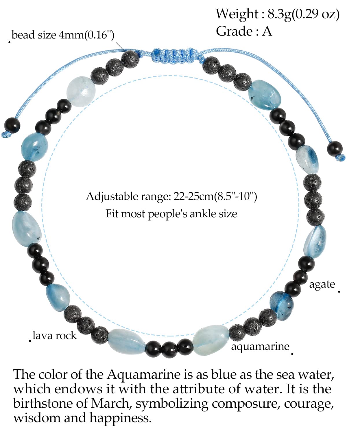 Jewever Black Agate/Lava Rock Anklet Tumbled Chips Healing Crystals and Gemstones Essential Oil Diffuser Ankle Bracelets for Women Adjustable (Aquamarine)