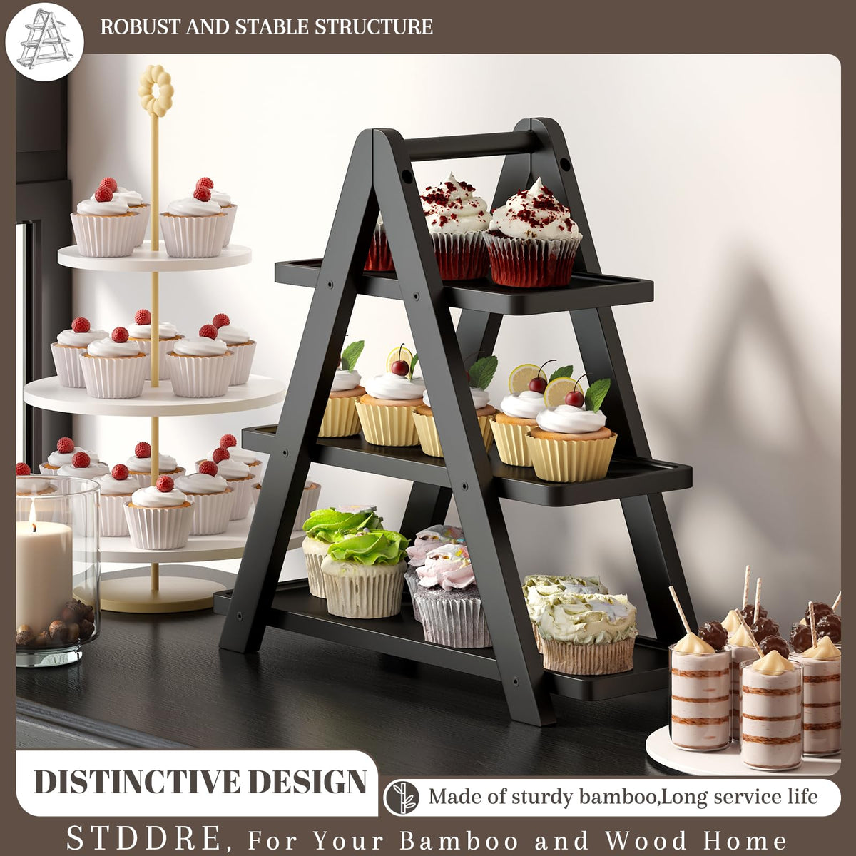 3 Tier Serving Tray Cupcake Stand and Towers Serving Tray for Party Food Tray Farmhouse Serving Platter Decorative Tray Decor Dessert Display Set Tiered Tray Stand (Black)