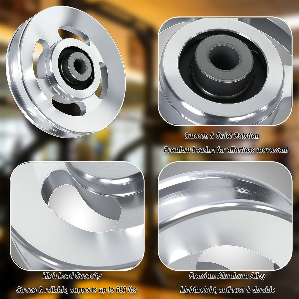 Wozafepp 4Pcs 90mm Aluminum Alloy Gym Pulley Wheel, Universal Silent Cable Machine Pulley, Heavy Duty Bearing Pulley for Home Gym Equipment, Fitness Pulldown Attachments Replacement Parts (Silver)