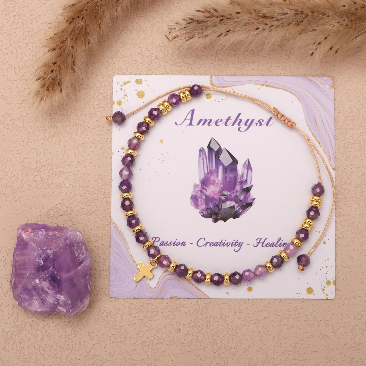 Raicegs Braided Amethyst Cross Crystal Bracelet Natural Stone Beaded Bracelet for Women Faith Jewelry Healing Bracelet Christian Gifts for Women Religious Gifts
