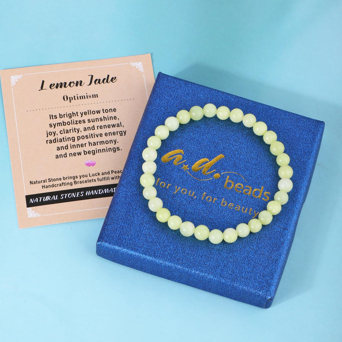 AD Beads 10mm Handmade Lemon Jade Elastic Bracelet – Natural Gemstone for optimism – Meditation, Yoga, Healing and Energy Gift for Men Women