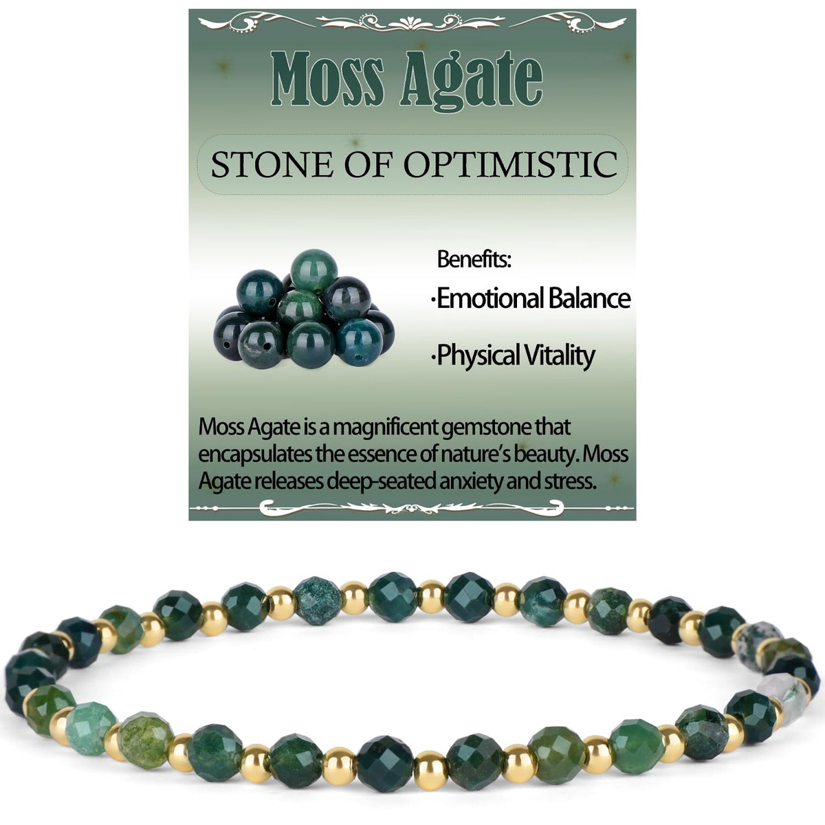 QOGIR Moss Agate - Stone of Optimistic - 14K Gold Plated Beads Natural Gemstone Stretch Elastic Dainty Healing Beaded Bracelets Gifts 4mm