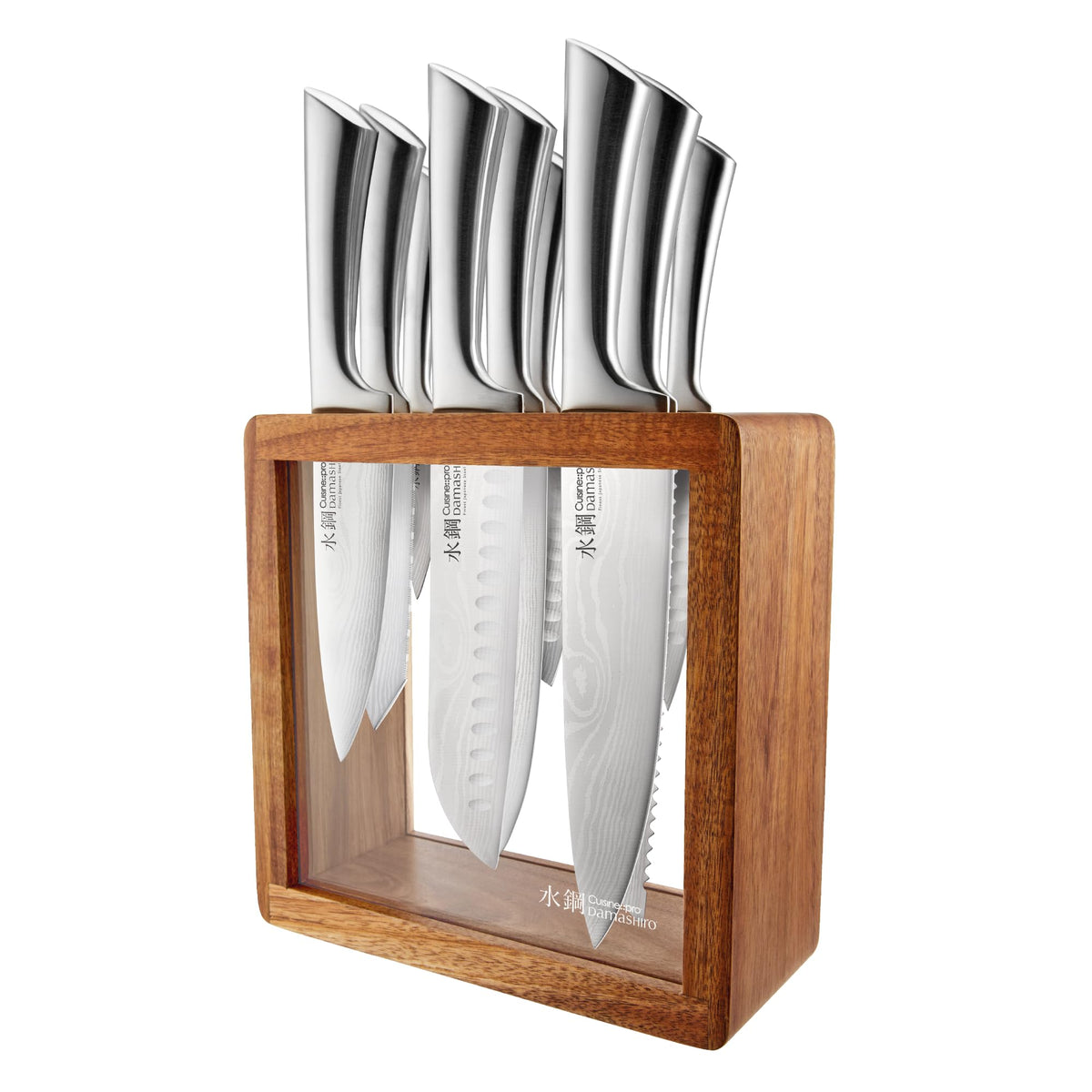 Cuisine::pro Damashiro Knife Block (Hiryu, 10-Piece Set) - Premium Japanese Steel Knife Set with Acacia Wood Block & Tempered Glass Window - Damascus-Inspired Blade