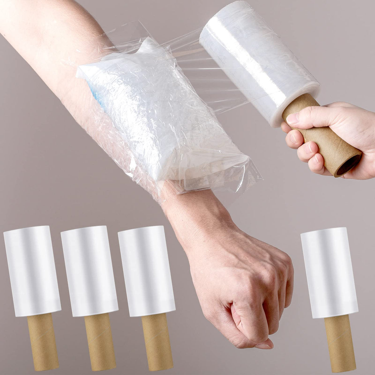 Outus 4 Pack Wrap Plastic Film with Handle Plastic Bags for Ice Tattoo Wrap Suitable for Athletic Trainers to Hold Ice Packs in Place for Moving Supplies Stretch Shrink Film, 5 Inch x 500 Ft Each