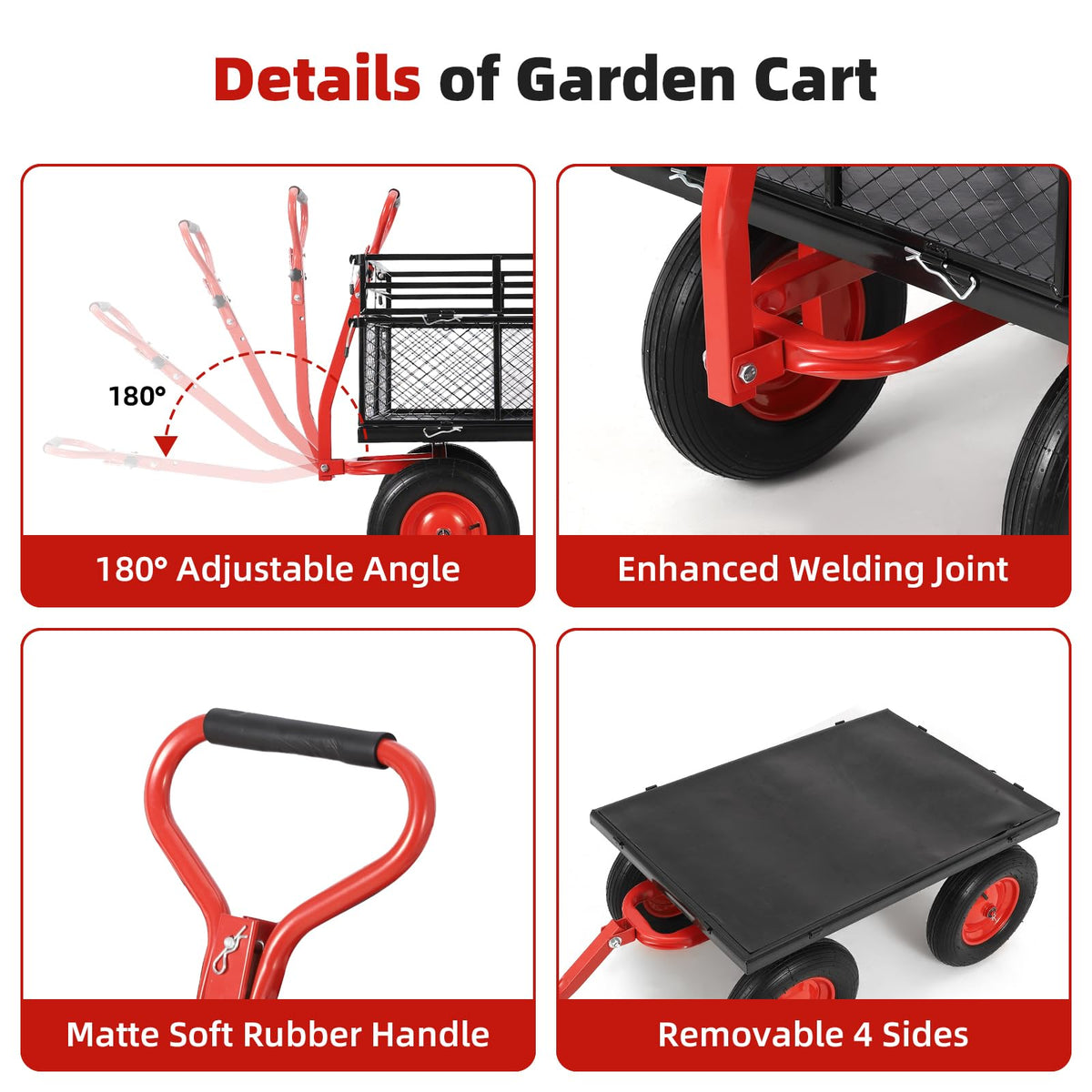 Garden Cart Steel Heavy Duty 1,400 LBS Yard and Garden Wagon with 16 Inch Tire and Adjustable Handle, Attach to ATV or Tractor, Black & Red