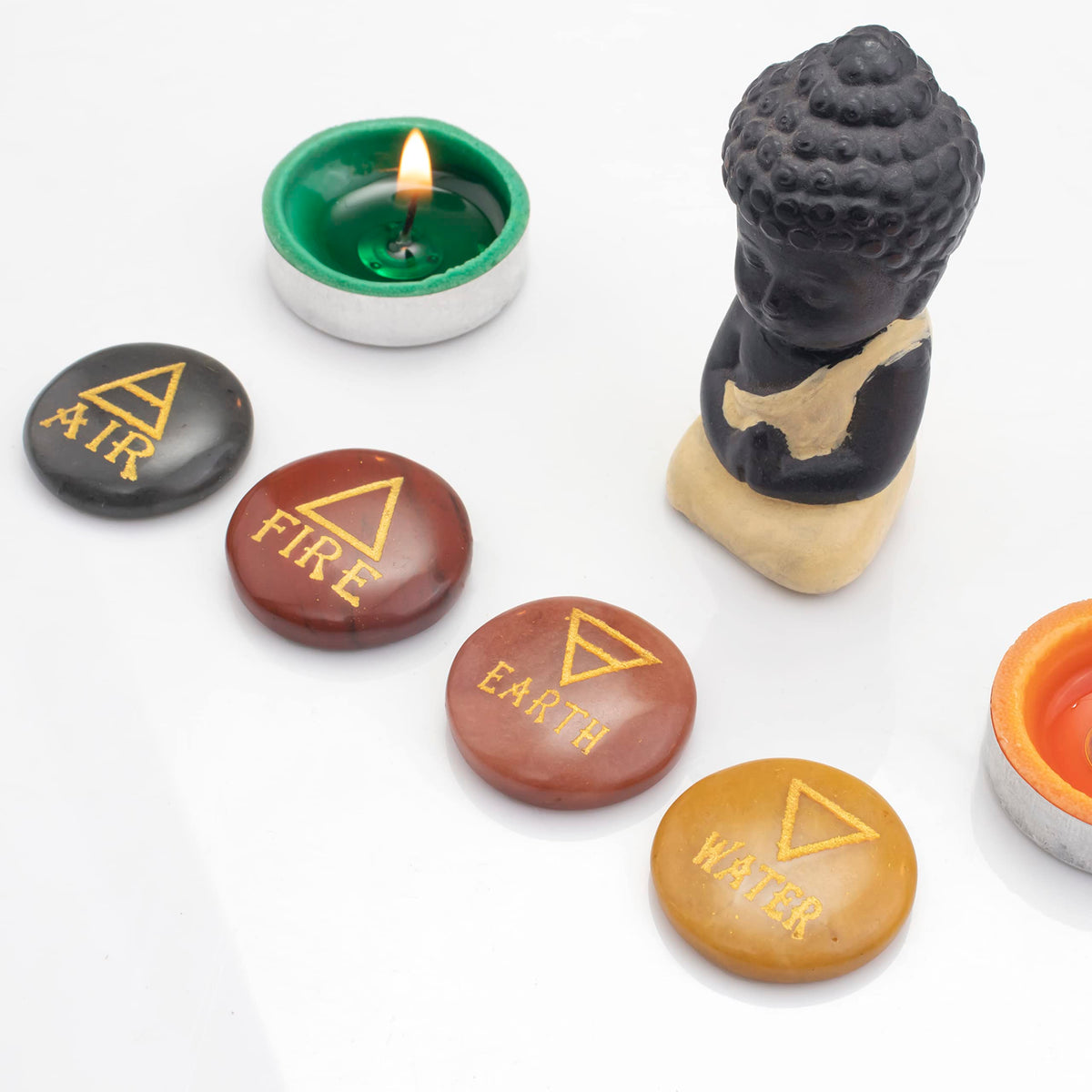 Crocon 4 Elements Assorted Stones Round Shape Engraved Triangle Symbols (Earth Air Fire Water) Polished Palm Stones for Gemstone Reiki Crystals and Healing Stones Meditation Divination Tools Gifts