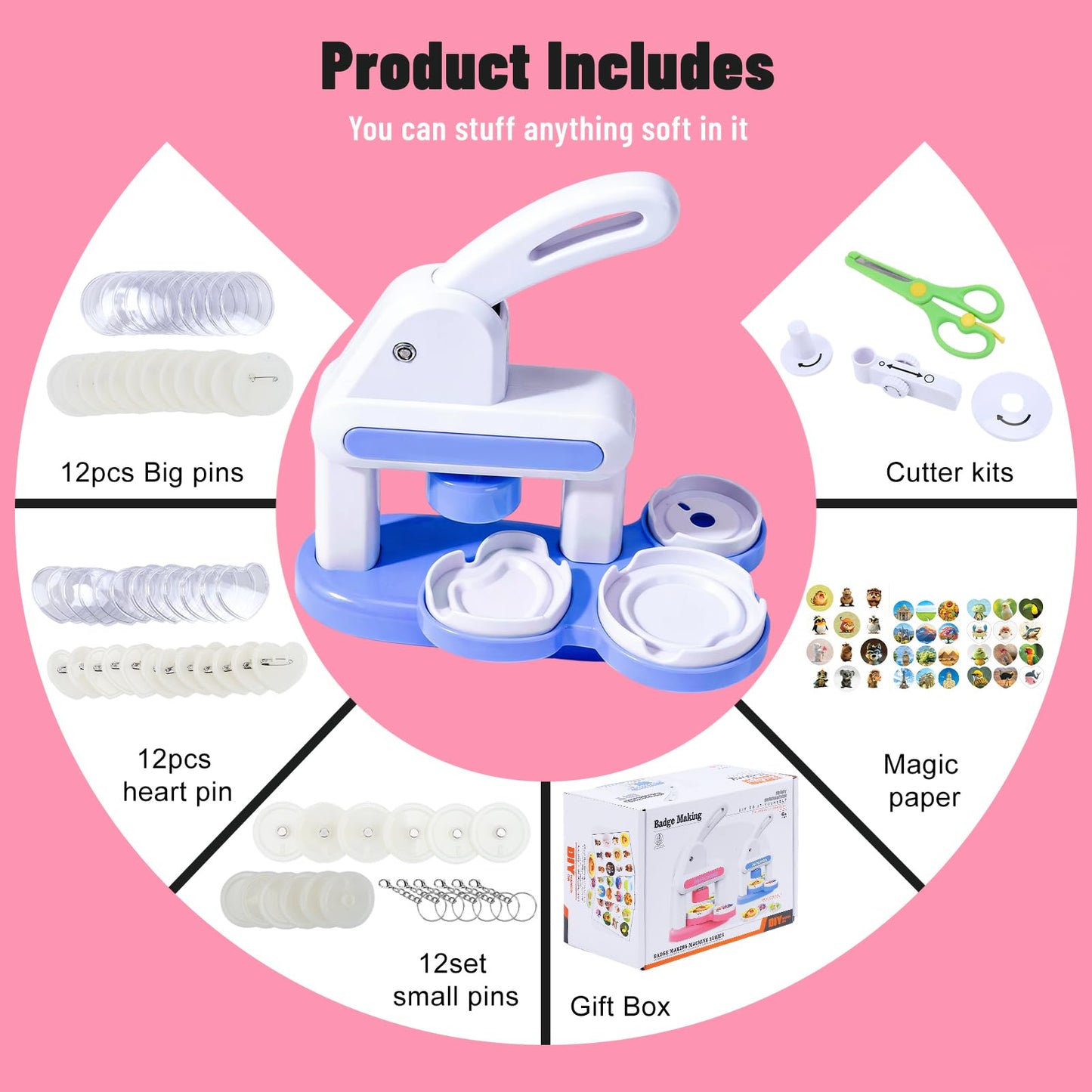 Button Maker Machine with 2 Sizes, 80Pcs DIY Badge Maker & Pin Maker Machine Kit, Craft Supplies for Making 55mm & 35mm Buttons, Arts and Crafts Gift (Blue)