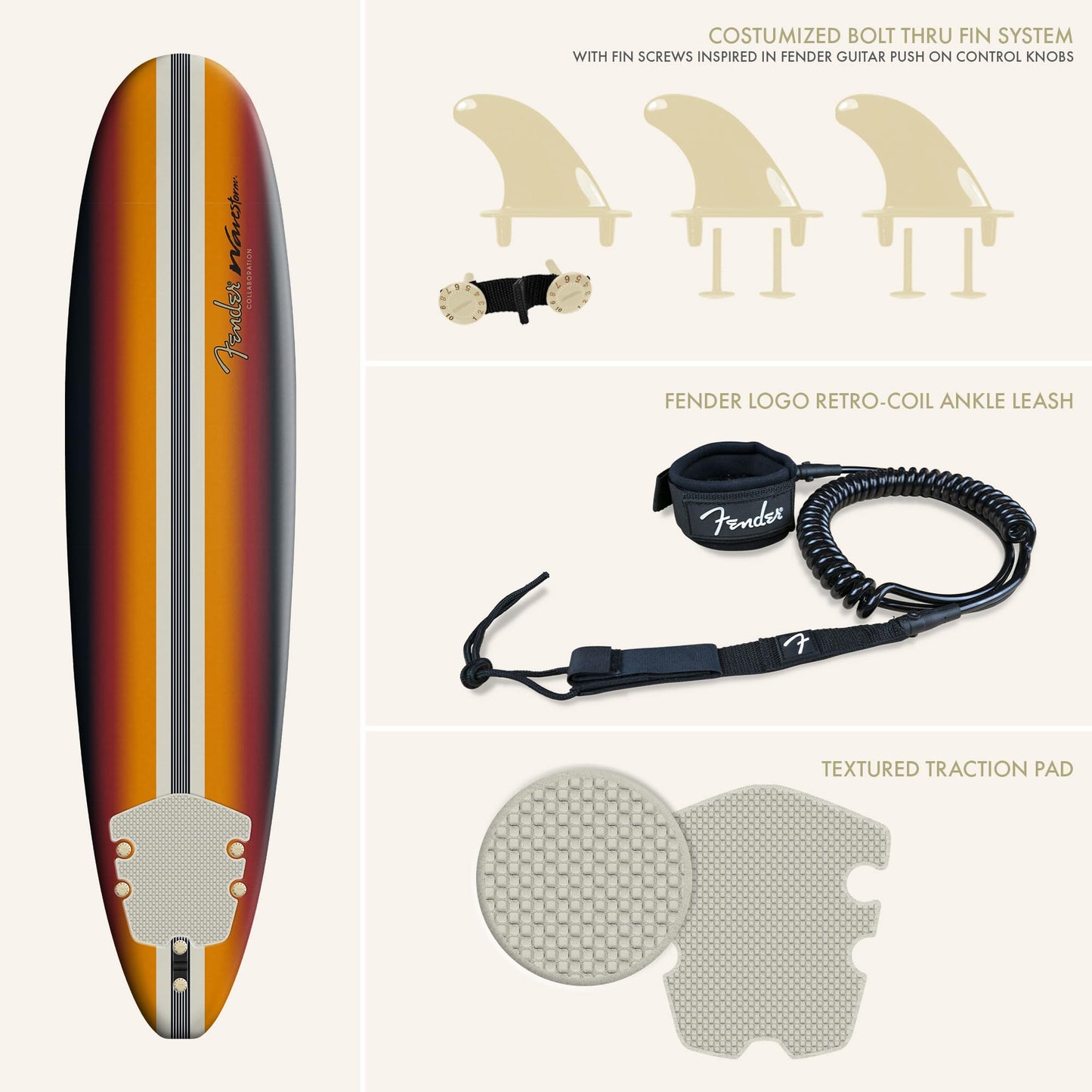 Fender x Wavestorm Collaboration 8ft Surfboard | Graphic top Deck with high Density Slick Bottom | for Kids and Adults | Foam Construction with Accessories | Leg Leash and Fin Set Included