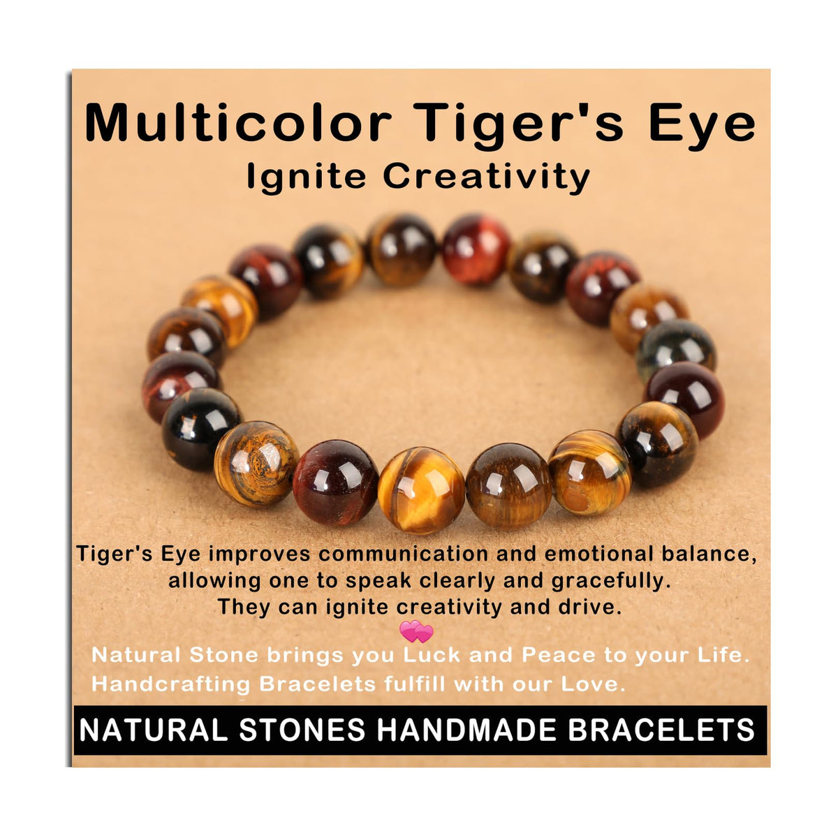 AD Beads Handmade Gemstone Stretch Elastic Bracelet Crystal Healing Reiki Nature's Beauty and Spiritual Essence Unisex (10mm, Multicolor Tiger's Eye (Ignite Creativity))