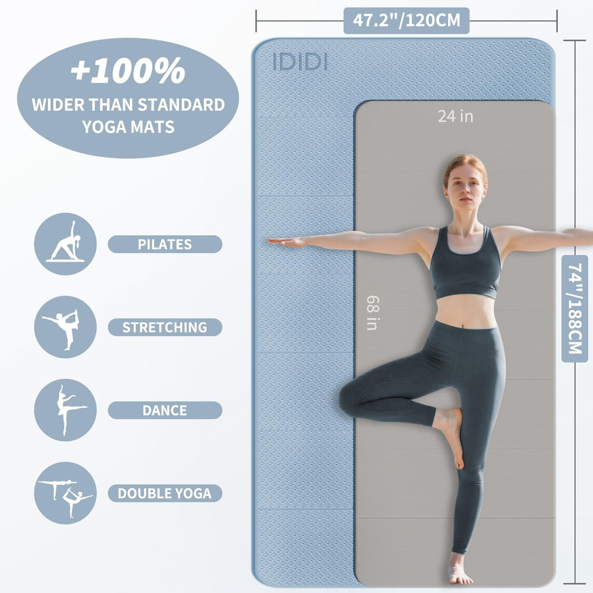 Foldable Yoga Mat Extra Thick & Large (74.0" x 47.2" x 0.4"), Double-Sided Non-Slip Lightweight Fitness & Pilates Mat, 10mm Thick Wide Exercise Mat for Men Women Kids, Portable Workout Mat for Gym, Studio, Travel, Home & Parent-Child Use (Blue Gray)