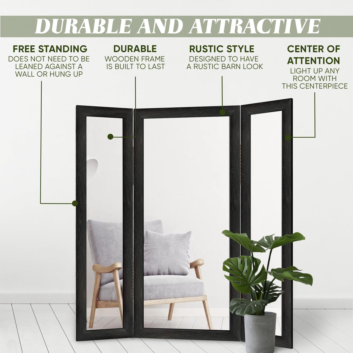 Houseables Trifold Mirror Full Length, 3 Way Mirror, Floor Length, Three Way Folding, Standing, Full Body, Wood Framed, 3 Sided for Bedroom, Makeup, Oversized, Foldable, Black, 71 x 32 to 65 Inch