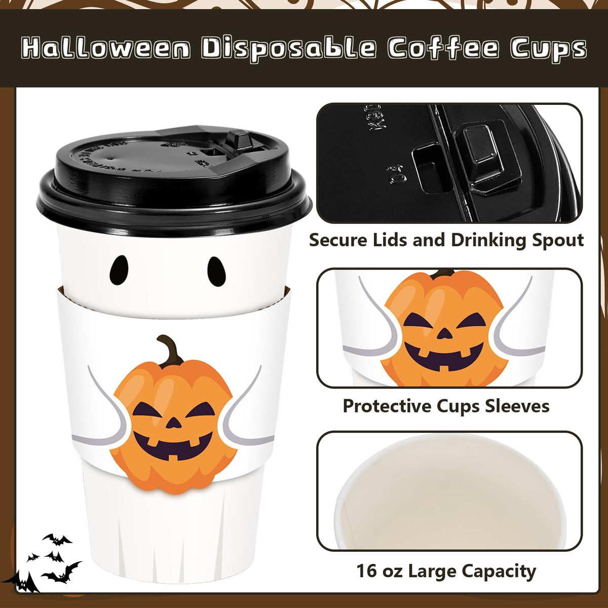 Whaline 60 Set Halloween Disposable Coffee Cups with Lids and Bat Candy Cone Pumpkin Sleeves 16 Oz Ghost Paper To Go Cups for Trick or Treat Party Supplies