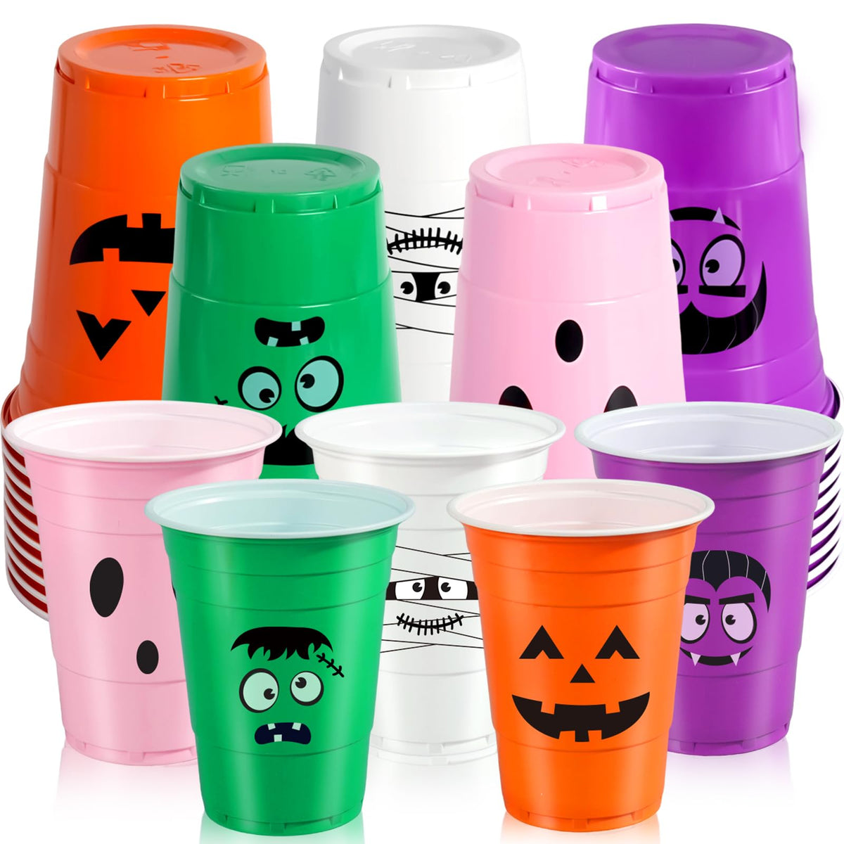50 Pack Halloween Plastic Cups - Colorful 16Oz Disposable Drinking Cups, Vampire Mummy Monster Ghost Pumpkin Party Cups for Halloween Party Favors Coffee Wine Hot Cold Drinks (5 Designs)