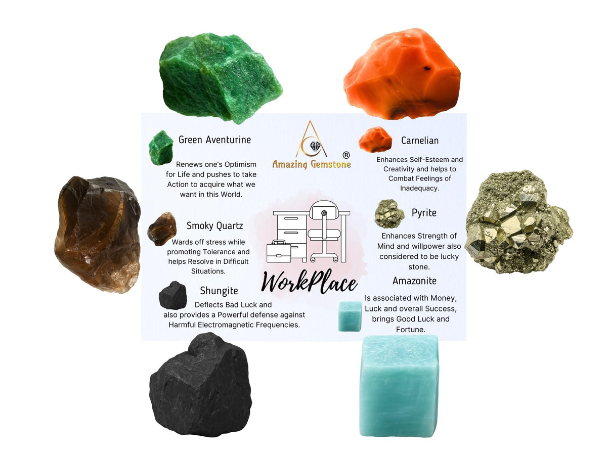 Amazing Gemstone Crystals for Workplace Manifestation, Set of 6 Green Aventurine, Smoky Quartz, Shungite, Carnelian, Pyrite and Amazonite Healing Crystals and Stones