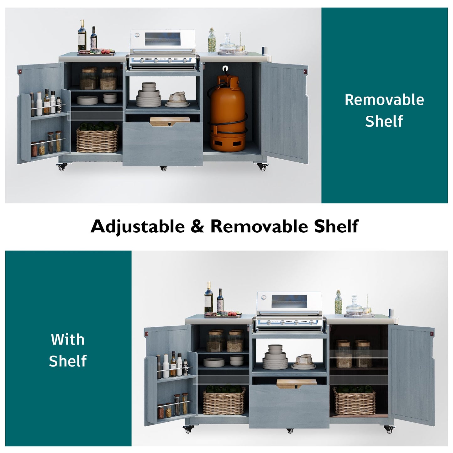 Merax Outdoor Grill Table for Big Green Egg Grills, 66.5" Patio Kitchen Island on Wheels with Stainless Steel Tabletop,Drawer and Spice Rack, Solid Wood Outdoor Storage Cabinet for Backyard, Grey Blue
