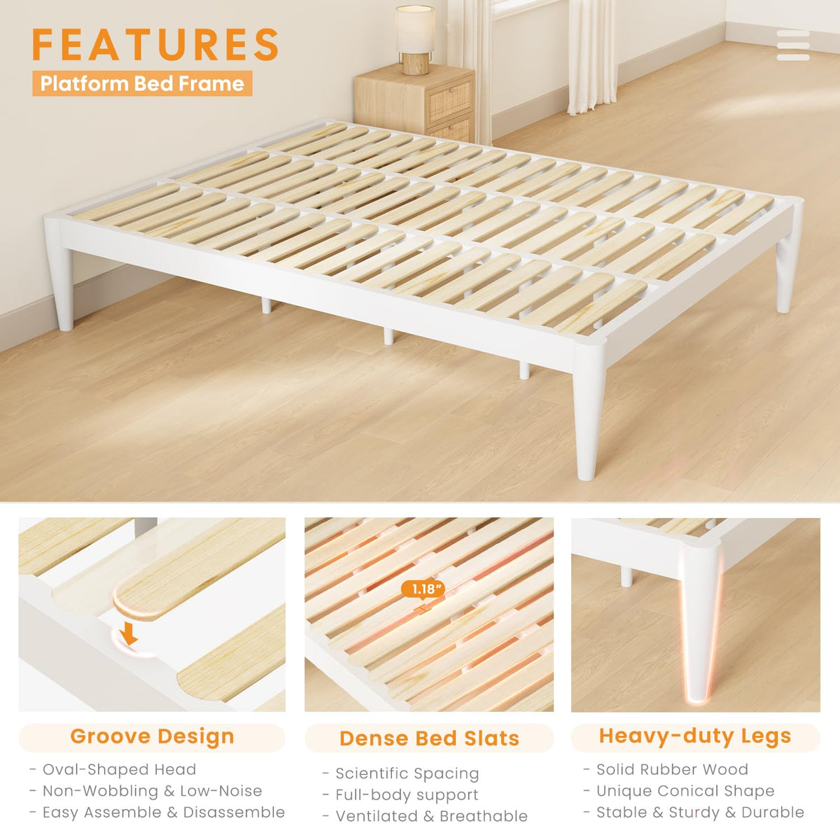 IOTXY Full Platform Bed Frame - Solid Wood 16-Inch Height Mattress Foundation Base with Densely Slats and Heavy-Duty Support Legs, No Box Spring Needed, White