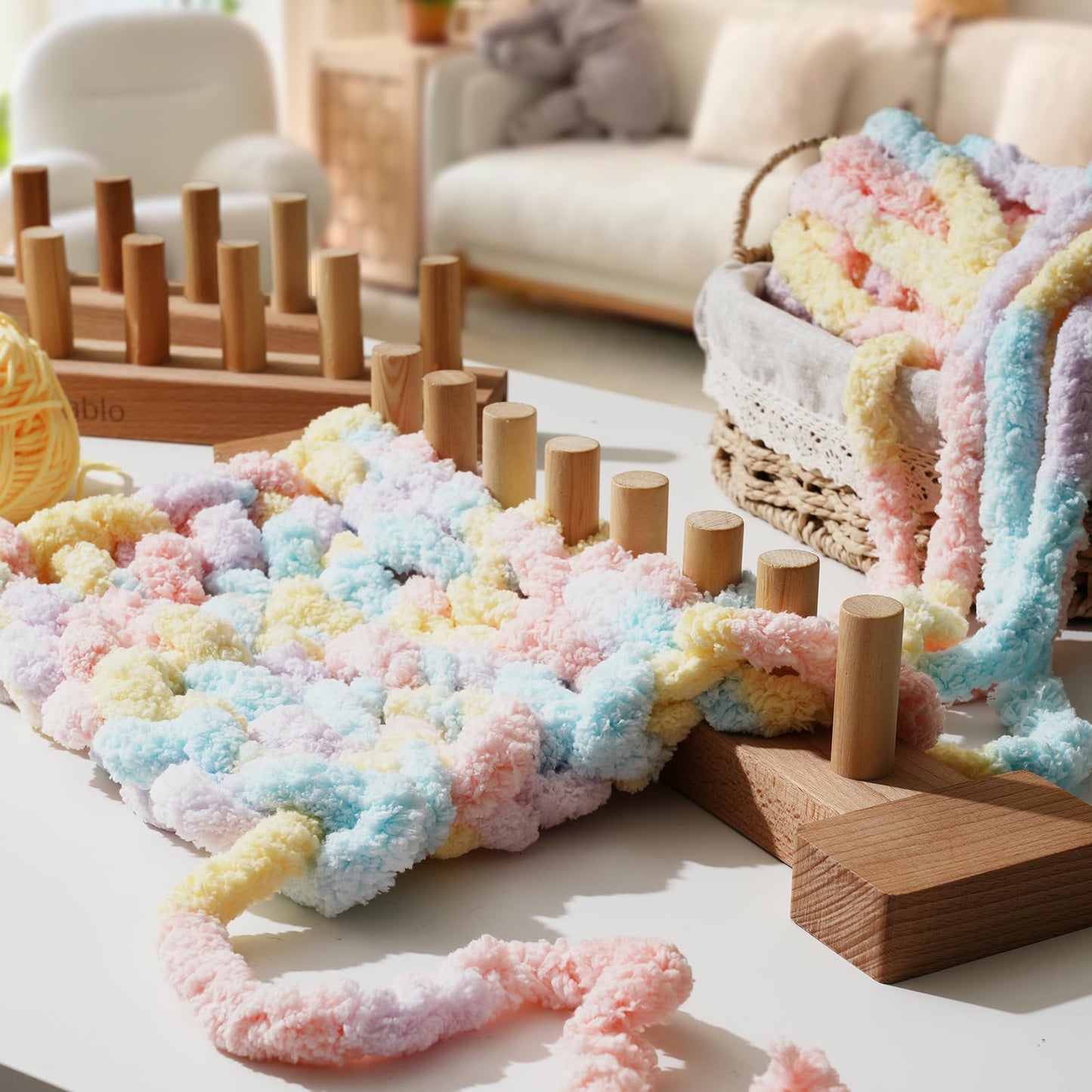 exablo 41" Beechwood Chunky Blanket Loom – Adjustable 3-Section Wooden Knitting Loom for Chunky Yarn, Beginner-Friendly DIY Craft Kit for Adults, No Needles Required