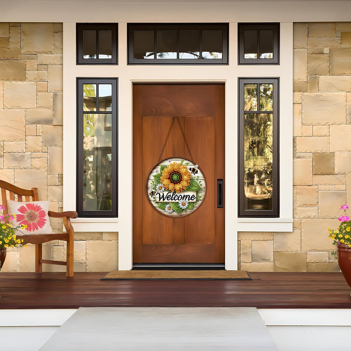 STGLCR DIY Welcome Wreath Acrylic Diamond Art Painting Kits Special Shaped Rhinestone Round Flower Bee Diamond Art Window Pendants Hanging Kits Mosaic Making Kits by Number Kits for Home Garden Wall
