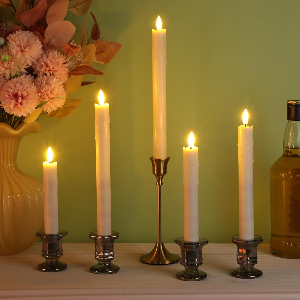 Macarrie 24 Pcs Ivory Flameless Taper Candles LED Battery Operated 6.5'', 7.7'', 8.8'', 10'' 3D Flickering Flame Candlesticks Drip Wax Shaped Candle for Valentine Anniversary Wedding Party Decoration