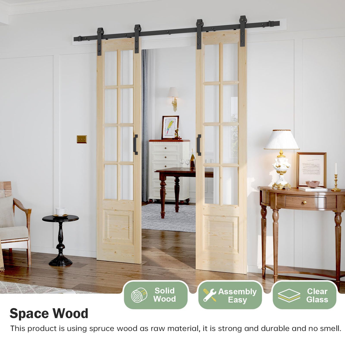 Roymelo Preassembled 36x84 (Double 18x84) Inch Clear Glass French Interior Door with 6.6Ft Barn Door Hardware Kit Included, Spruce Wood Support DIY Dyeing, Easy Assembly