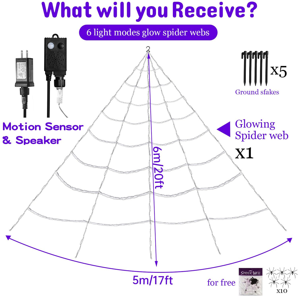 [Motion Activated Lighting&Speaking] 20 * 17FT Halloween Spider Web 150 Led Purple&Orange Lights Light Up Lighted Triangular Giant Waterproof with 200sqft Cobweb for Outdoor Decor Yard Decoration